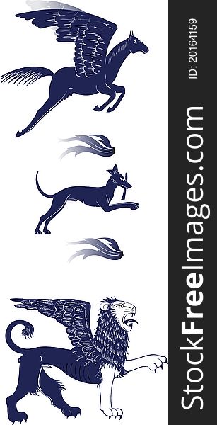 Medieval characters Pegasus, a dog, griffin