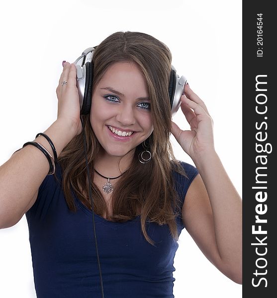 Smiling girl with headphones isolated