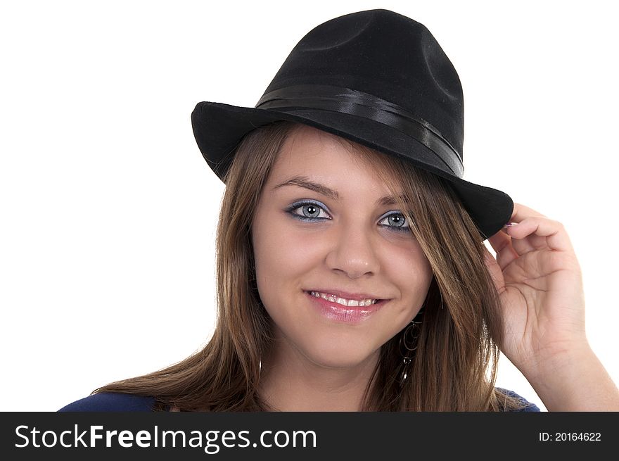 Blonde teen with black hat isolated