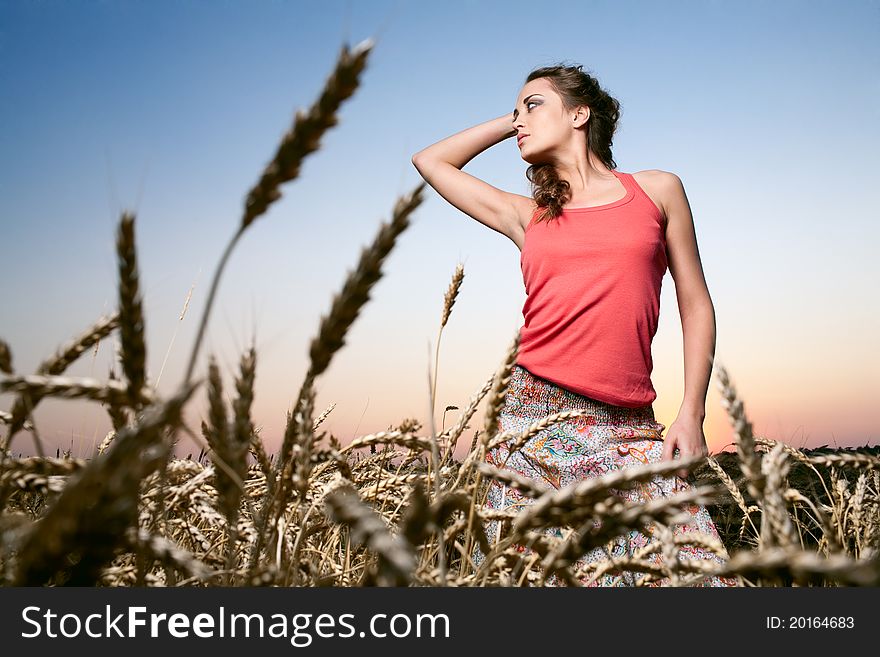 Woman in wheat field under blue sky