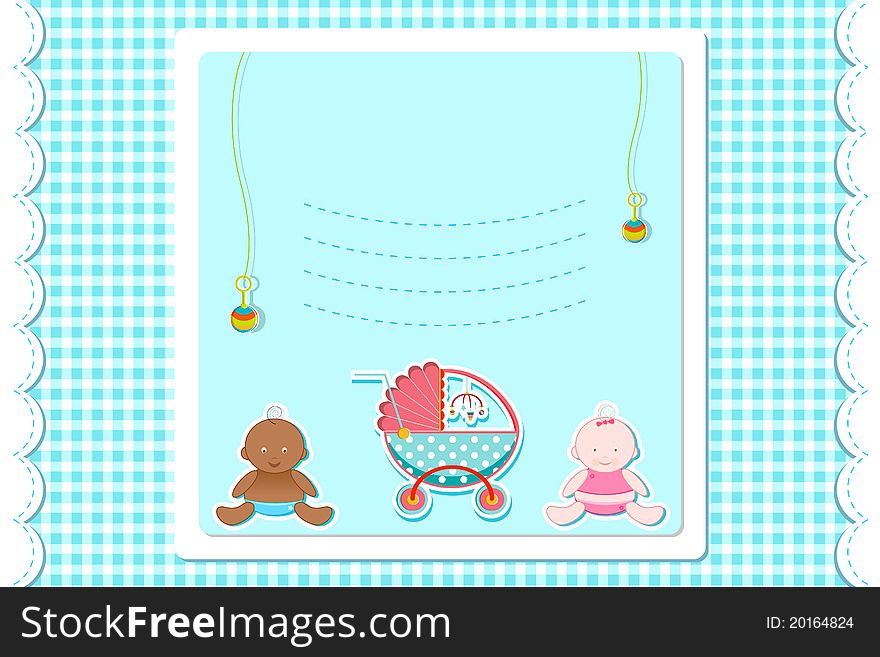 Illustration of baby arrival card with baby and toys