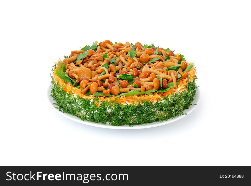 Vegetable cake layers: potatoes, chicken, eggs, carrots, mayonnaise with herbs and mushrooms