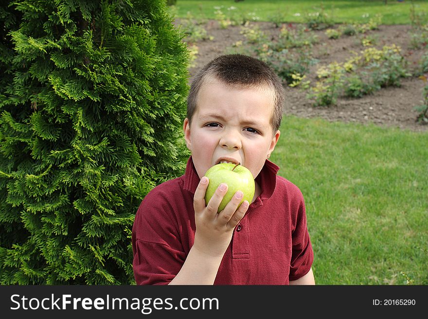 Little boy eating green apple. Little boy eating green apple