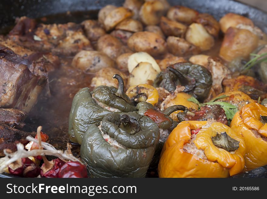 Different vegetables prepared in a big frying pan. Different vegetables prepared in a big frying pan