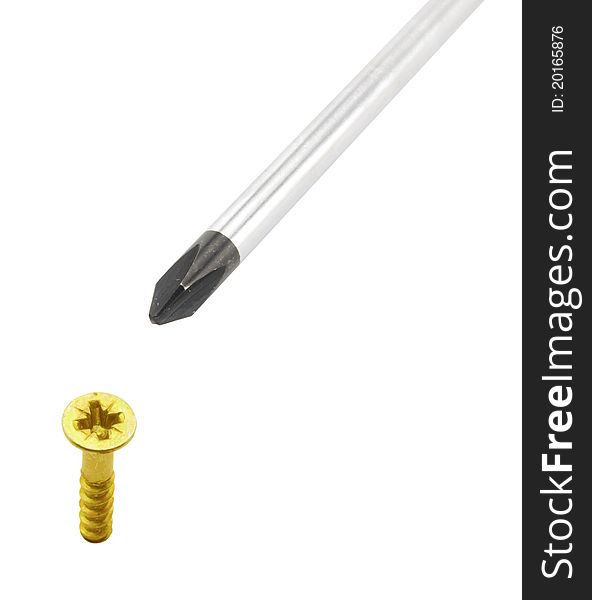 Screw and screwdriver on isolated background