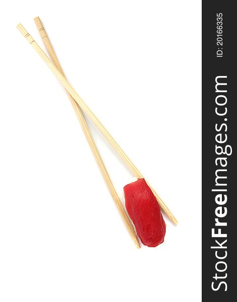 Tuna Sushi with chopsticks isolated on white