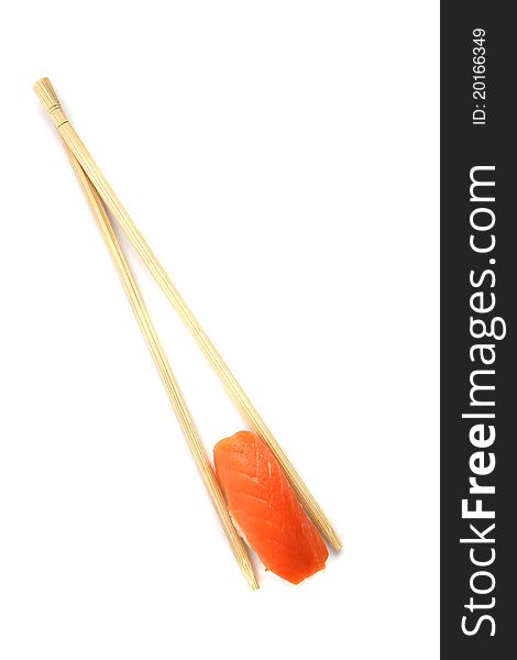 Salmon Sushi with chopsticks isolated on white background