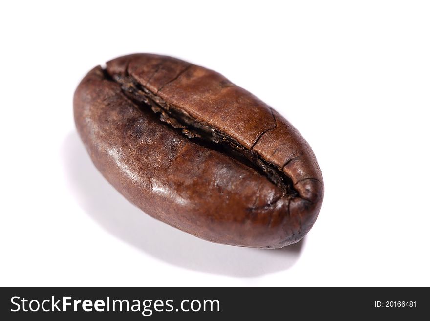 Close up view of a single roasted bean of coffee.