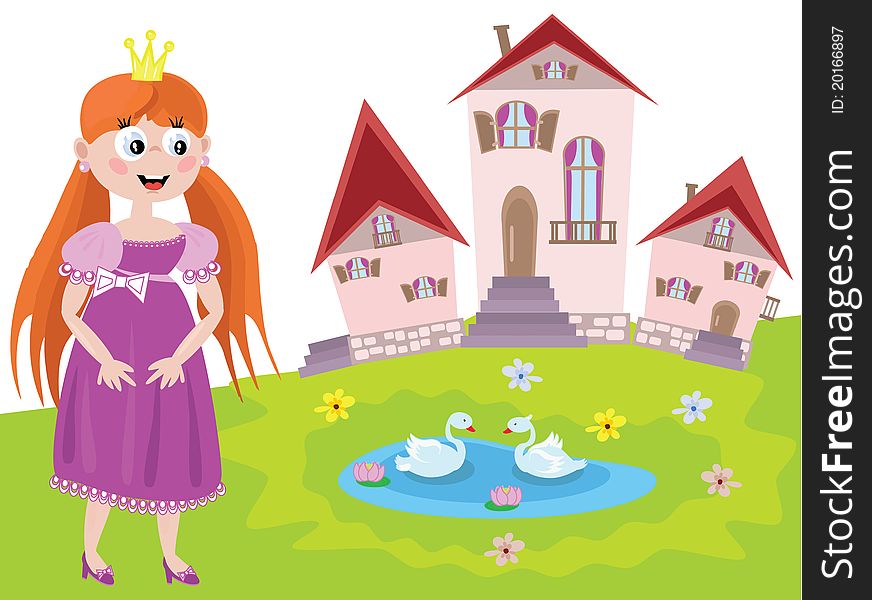 Redhead princess and tower, isolated