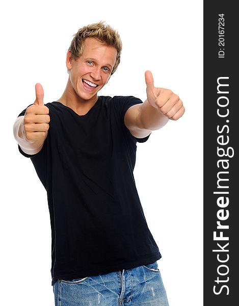 Positive man shows his approval with two thumbs up; isolated on white. Positive man shows his approval with two thumbs up; isolated on white