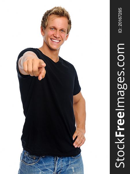 Man in casual attire pointing with his index finger. Man in casual attire pointing with his index finger