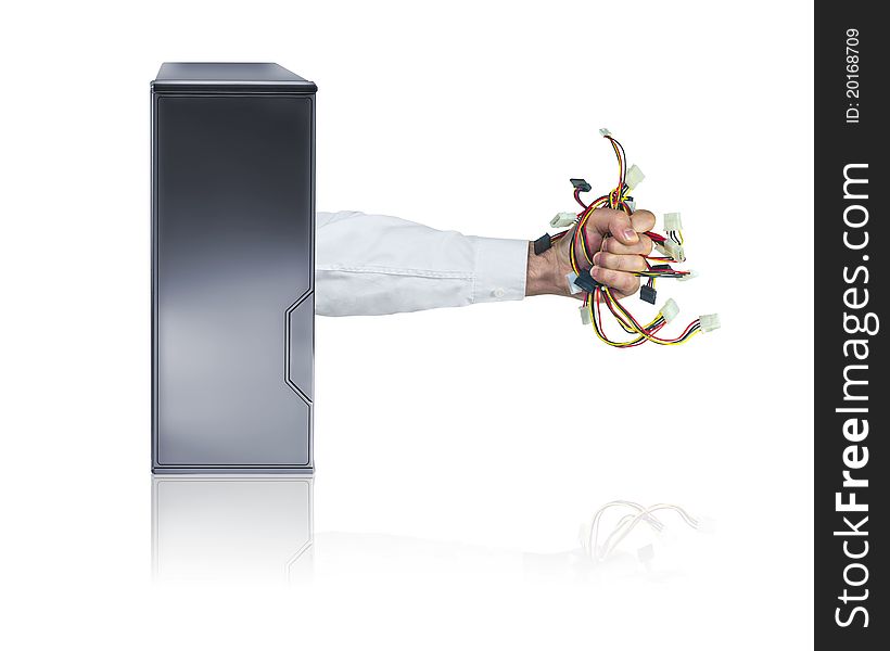 An arm dressed in a business shirt bursts from the side of a PC case with a handful of internal power cables. An arm dressed in a business shirt bursts from the side of a PC case with a handful of internal power cables.