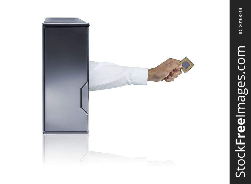 An arm dressed in a business shirt bursts from the side of a PC case with a CPU (central processing unit) in hand. An arm dressed in a business shirt bursts from the side of a PC case with a CPU (central processing unit) in hand.