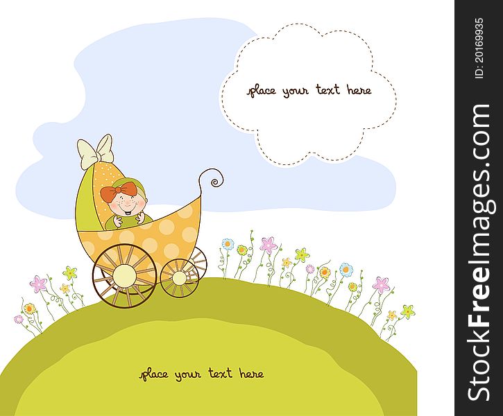 baby girl shower announcement card with pram