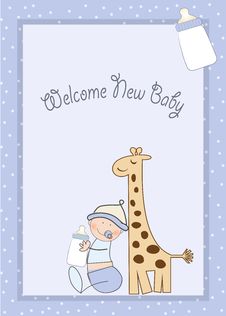 Baby Boy Shower Card With Giraffe Toy Stock Photo