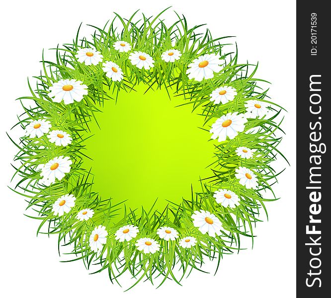 Round wreath of flowers green leaves on green background  illustration. Round wreath of flowers green leaves on green background  illustration