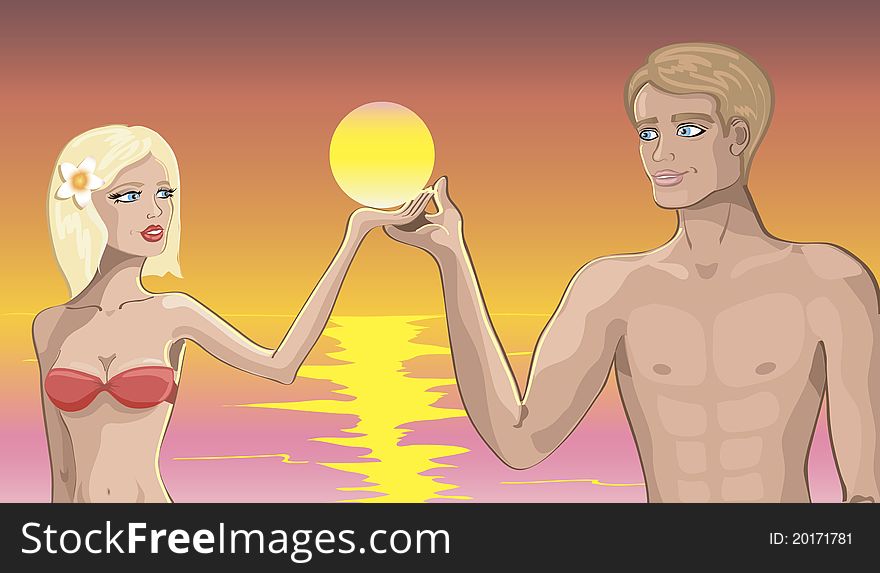 Boy and girl in love on the beach at sunset holding the sun. Boy and girl in love on the beach at sunset holding the sun