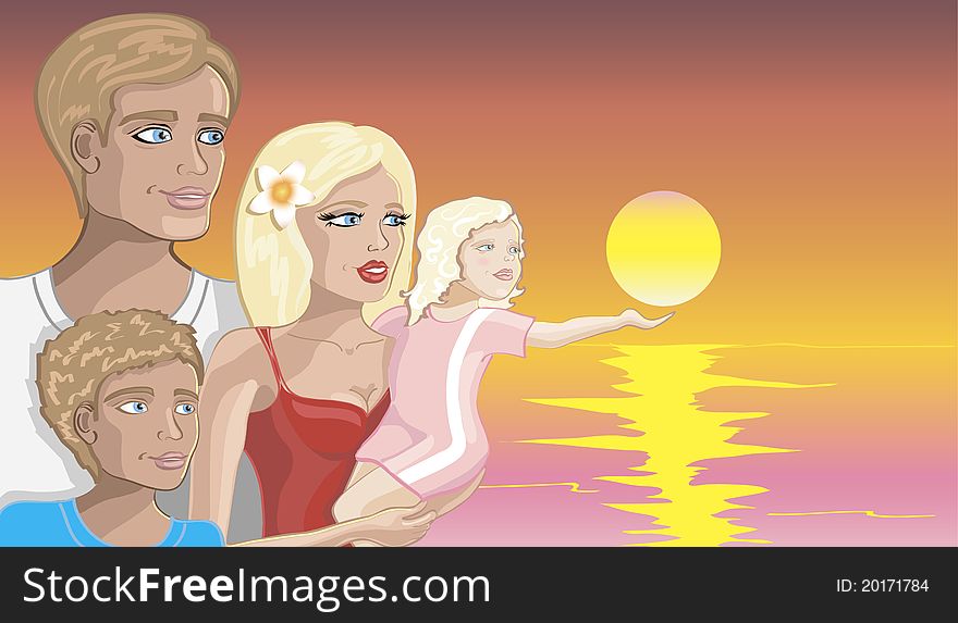 Happy Family On The Beach At Sunset.