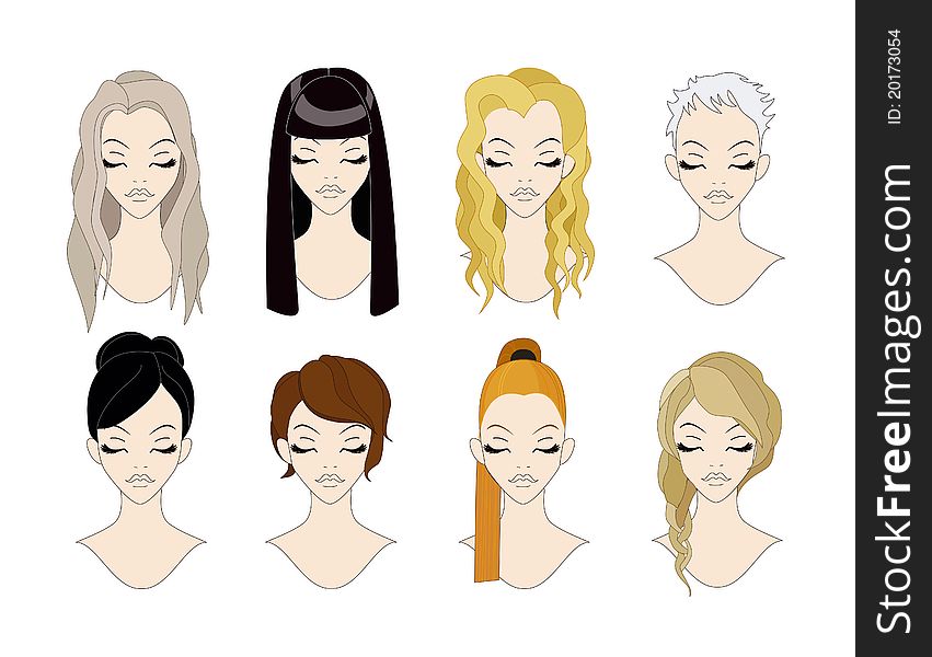 Set of 8 trendy hairstyles. In format each hairstyle grouped separately and is fully editable. Set of 8 trendy hairstyles. In format each hairstyle grouped separately and is fully editable.