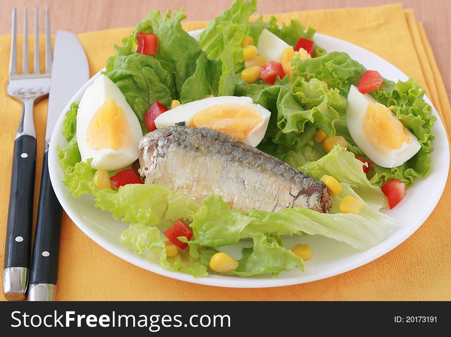 Salad with sardines, eggs and lettuce