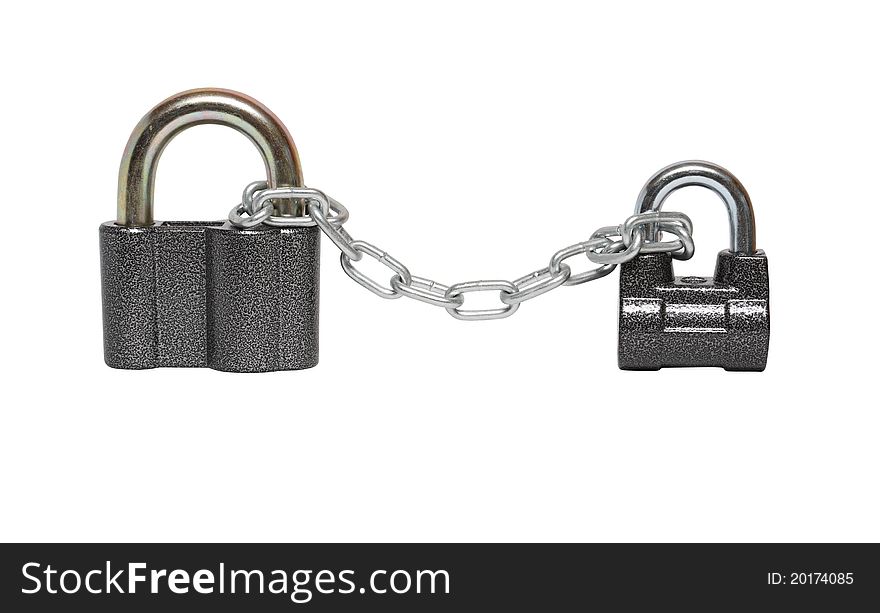 Two locked padlocks and metal chain on white background. Isolated with clipping path. Two locked padlocks and metal chain on white background. Isolated with clipping path