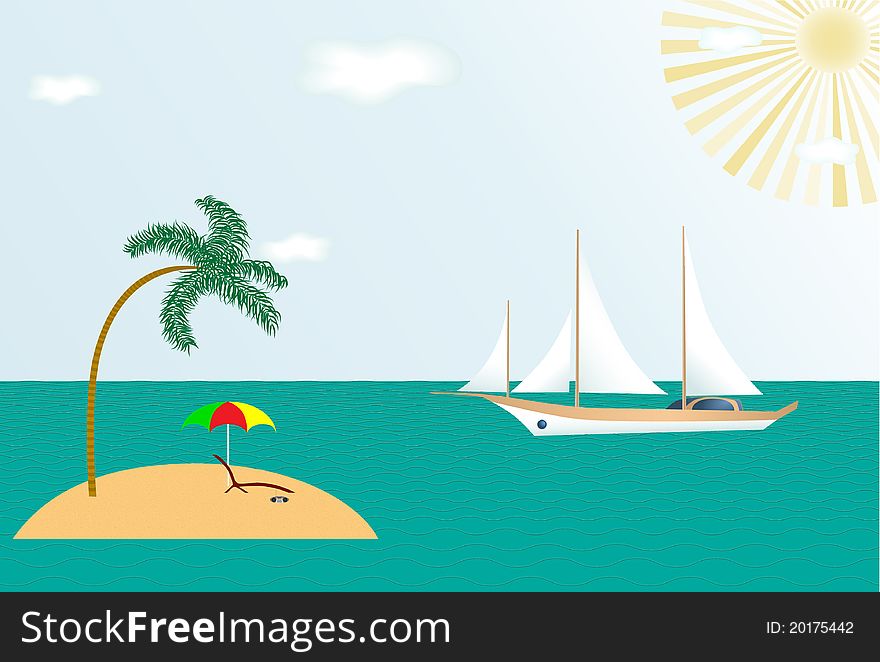 Illustration of summer beach with palm, boat, sun, beach chairs and an umbrella