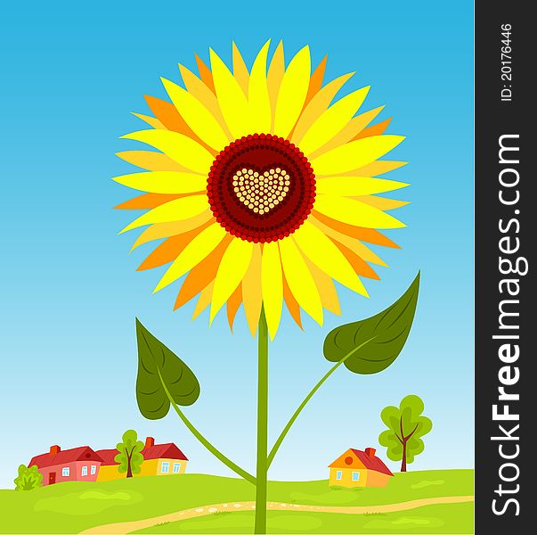 Sunflower with heart against village. Vector illustration. Sunflower with heart against village. Vector illustration.