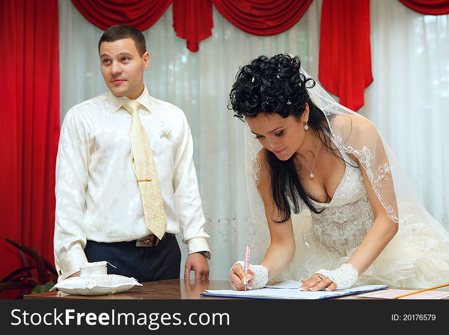 Bride on solemn registration of marriage in the Wedding Palace