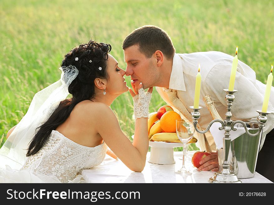 Bride and groom kissing at wedding table on the field