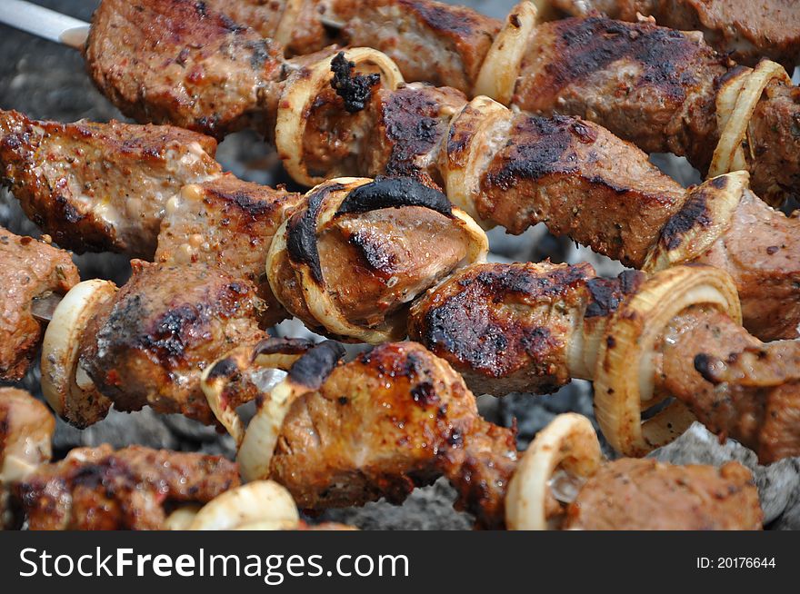 Barbecue - fry beef meat and onion