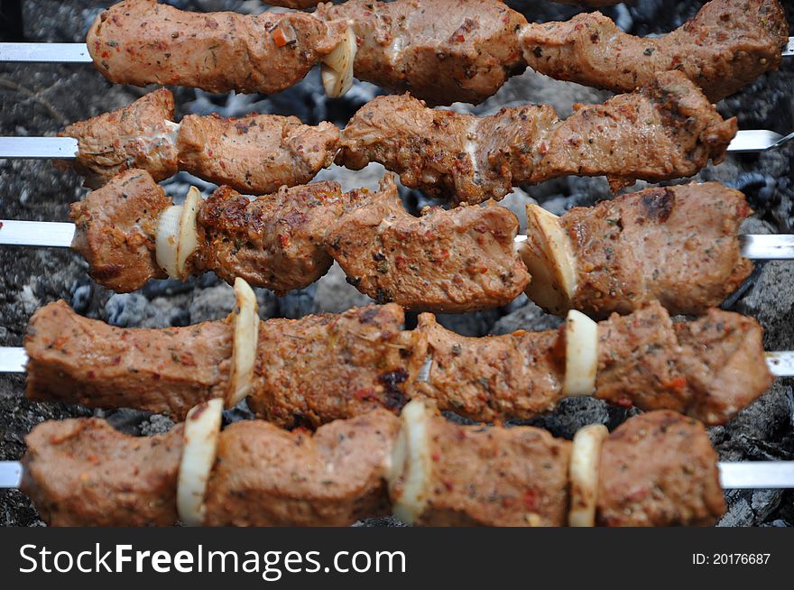 Barbecue - fry beef meat and onion