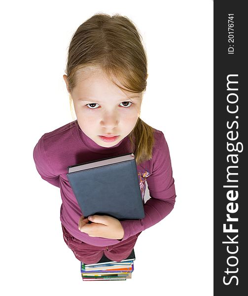 Pretty young girl with book, back to school concept, isolated over white