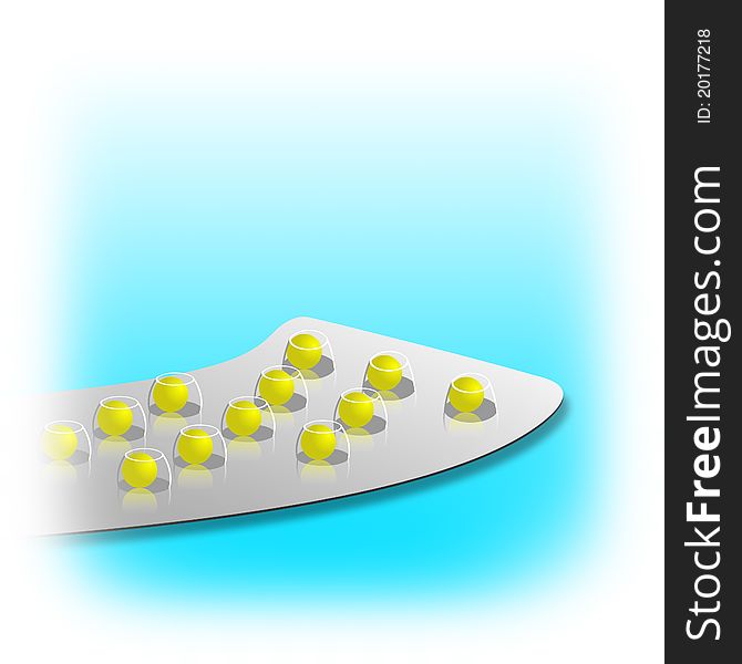 Packing yellow tablets on blue background. Packing yellow tablets on blue background