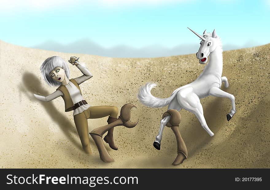 Cirilla and unicorn fight with sandy monster. Cirilla and unicorn fight with sandy monster