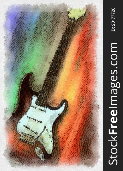 Watercolor painted electric guitar on color background