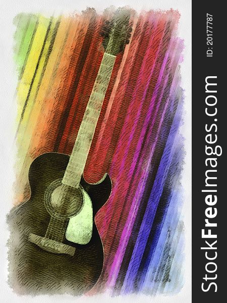 Watercolor painted acoustic guitar on color background