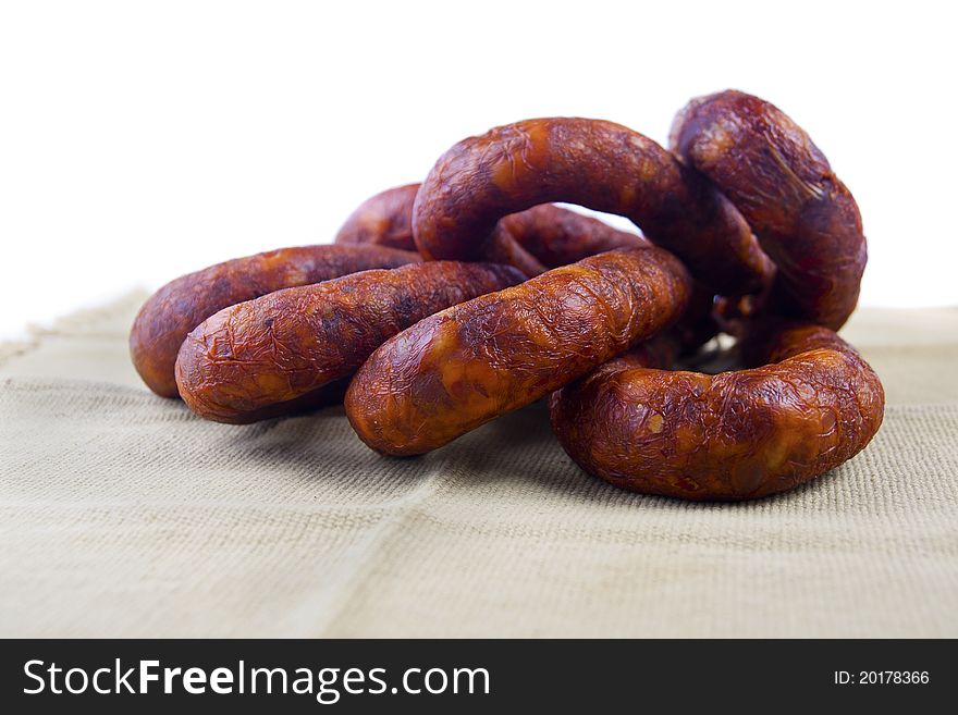 Close up view of some traditional Portuguese chorizo on a table