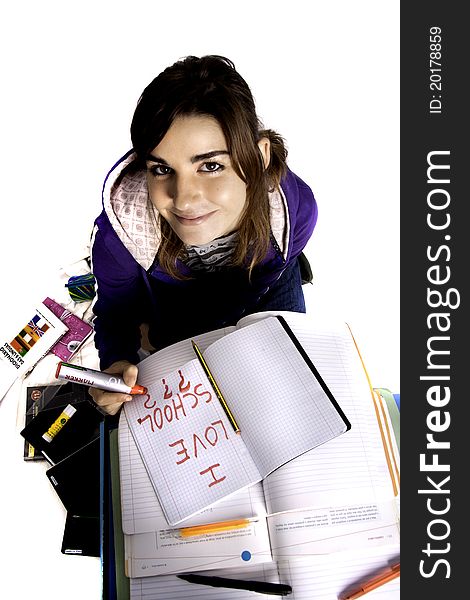 School girl on a white background