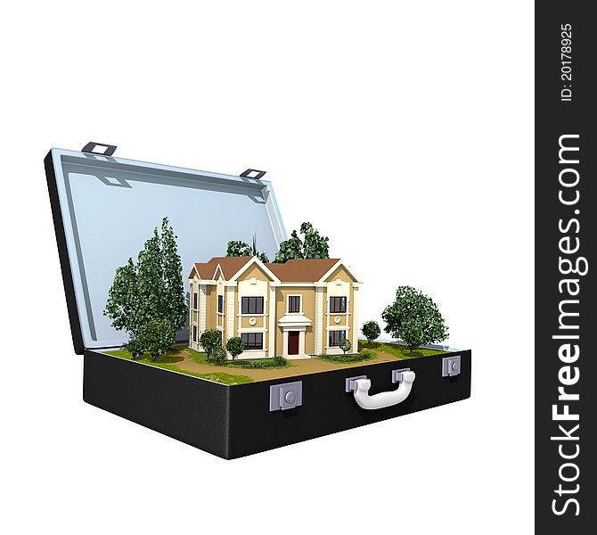 The house in a case on a white background with trees