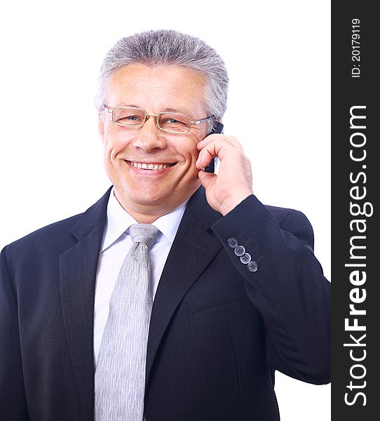 Mature executive man giving explanations and talking at phone mobile. Mature executive man giving explanations and talking at phone mobile