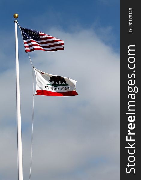 USA flag and California flag together on pole. USA flag and California flag together on pole