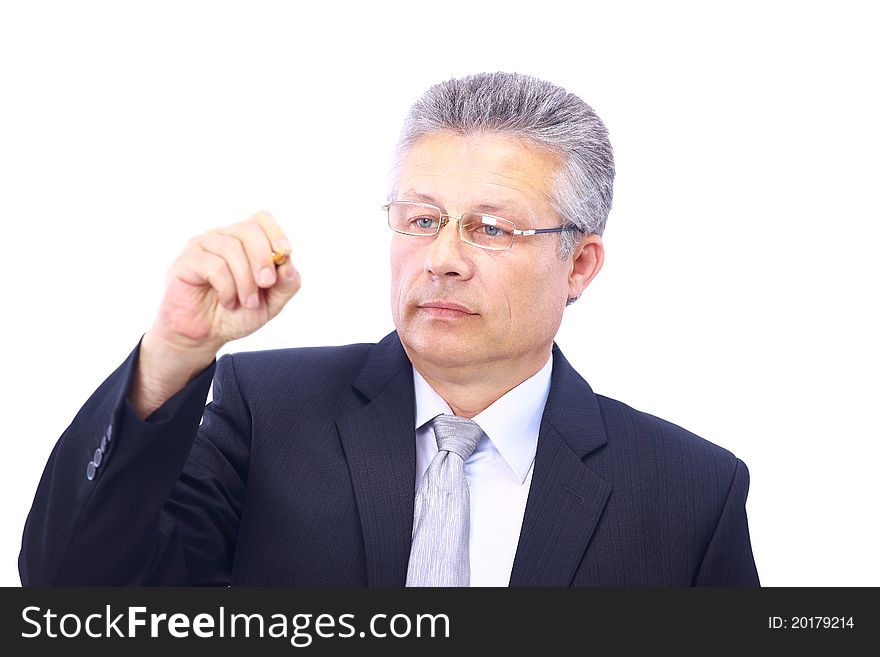 Man writing on a clear screen