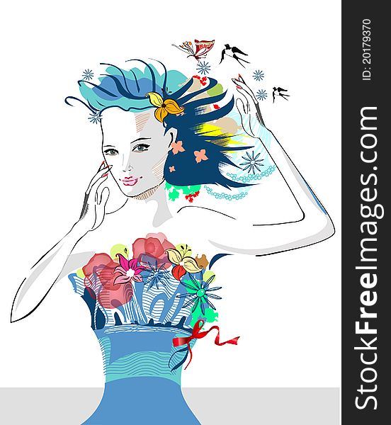 Abstract summer girl with flowers