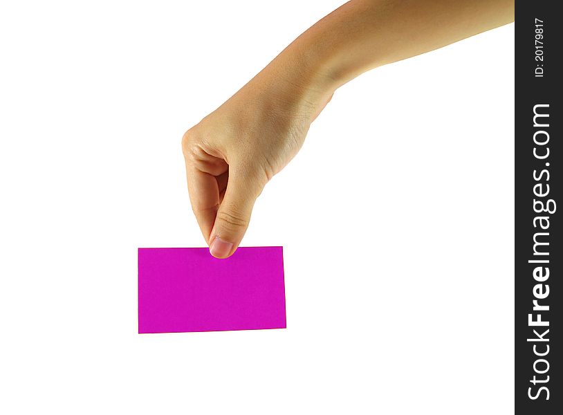 Woman's hand and pink card isolated on white