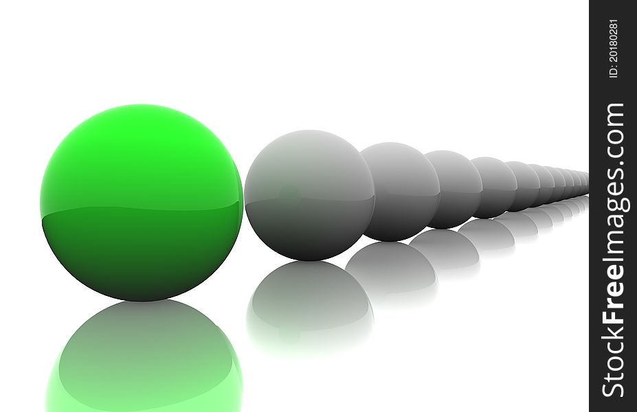 Follow the leader. 3D render of spheres.