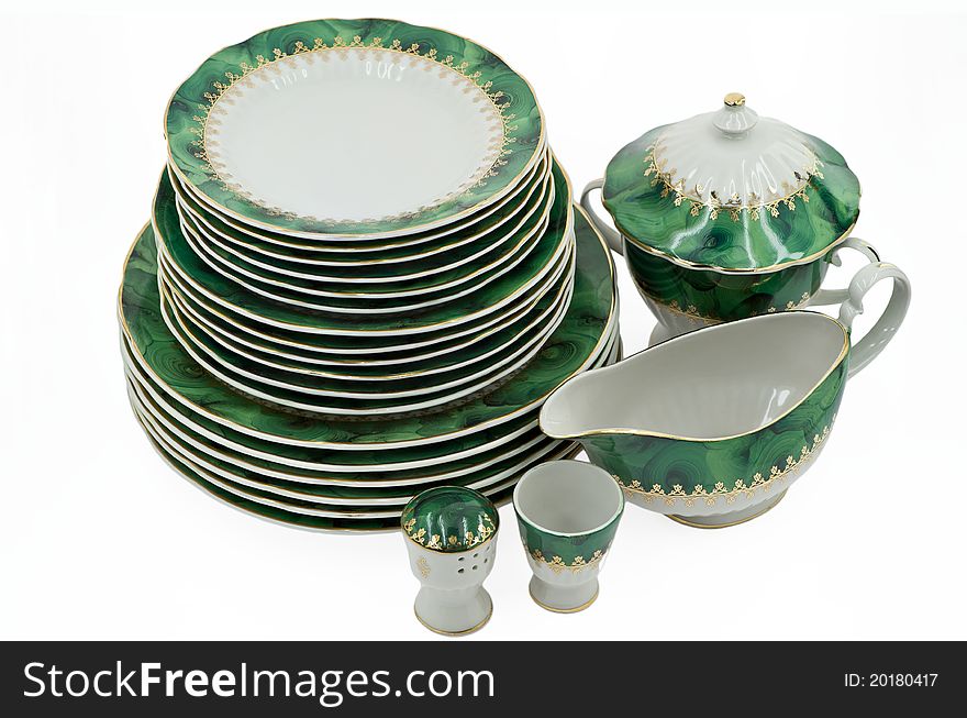 A Malachite Service of Tableware Isolated on the White Background. A Malachite Service of Tableware Isolated on the White Background