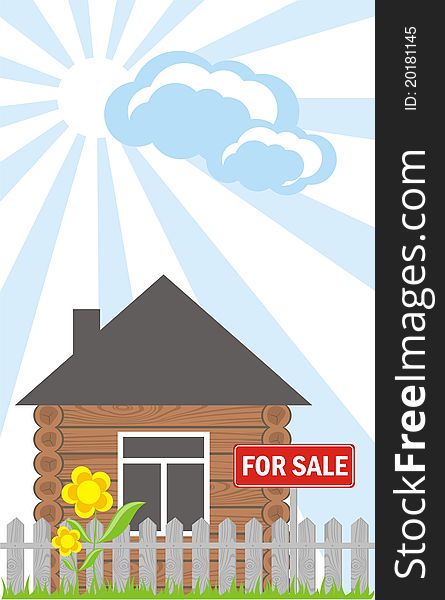 Wooden house with a sign for sale