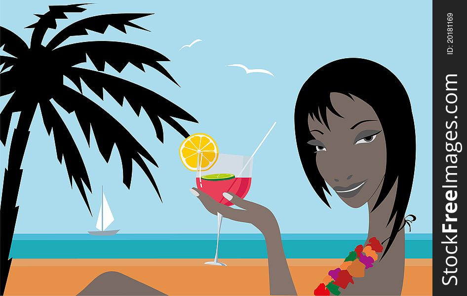 Black girl with a cocktail on the beach