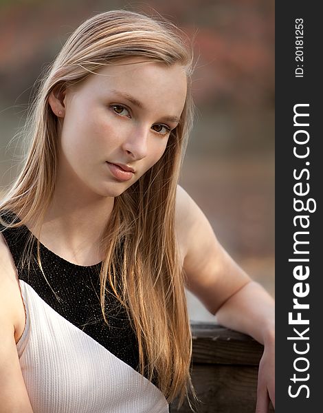 A portrait of a pretty teenager, outside and lit by sunlight. A portrait of a pretty teenager, outside and lit by sunlight