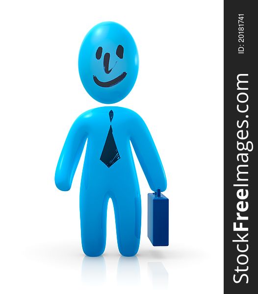 Blue businessman smiling and holding briefcase.